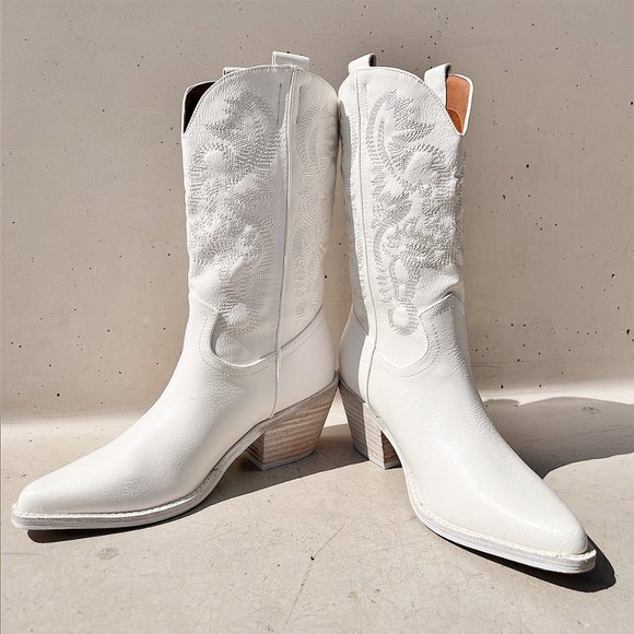 NEW White Cowboy Western Embroidered Stitch Pointy Toe Block Heel Mid Calf Boots - Picture 9 of 13